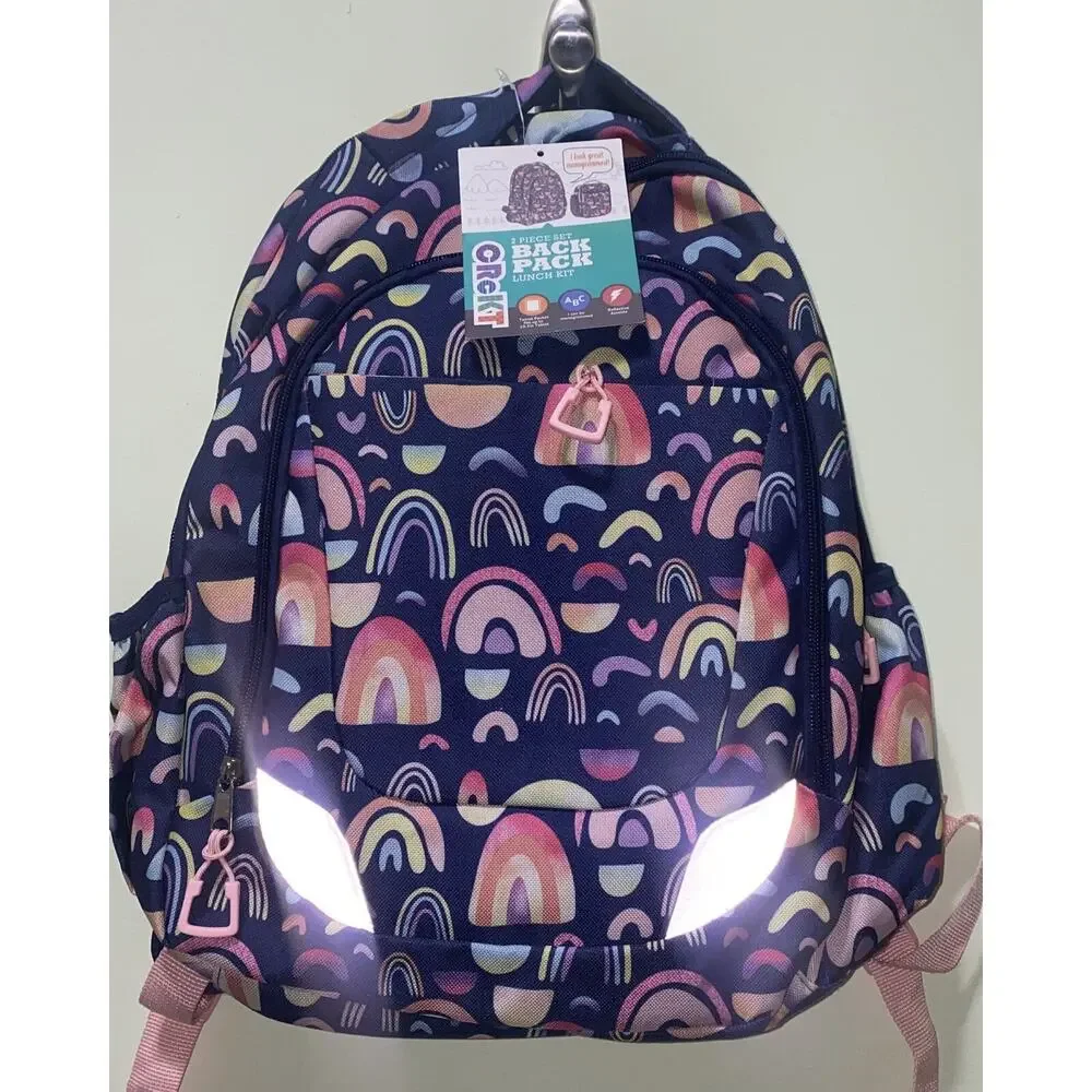 Girls Rainbow Backpack Lunch Box Set 2 Pc School Bag Tablet Pocket New